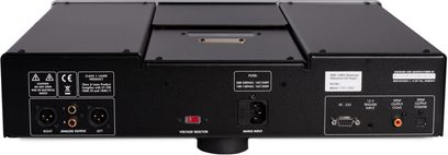 Electrocompaniet EMC-1 UP MKV CD-afspiller, frontvisning, sort front med knapper og stik, 3 fødder nedenunder