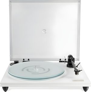 Gold Note T-5 vinylspelare vit, skivtallrik i frostat glas, svart tonarm och öppet transparent lock