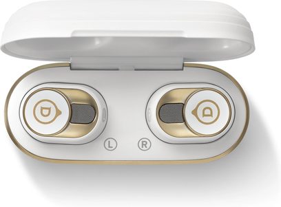 Devialet Gemini II vezeték nélküli fejhallgató, Opéra de Paris nézet, fehér fülhallgatók arany részletekkel, ovális fehér tok