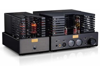 Cayin HA-6A MK2 headphone amplifier in brushed black metal, dual tube chassis under grilles, VU meters, three-quarter view