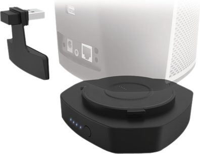 Tilbehør til Denon HEOS 1 GoPack HS2 sort højttaler med dockingstation, vægbeslag og hvid cylindrisk højttaler