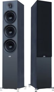 Par højtalere Elac Debut 3.0 DF63 i sort træ, 3 basenheder + diskant, grill, set forfra og i 3/4-vinkel