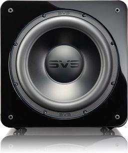 Subwoofer SVS SB-2000 Pro nero lucido, vista frontale, logo SVS al centro, membrana circolare, staffe di montaggio visibili