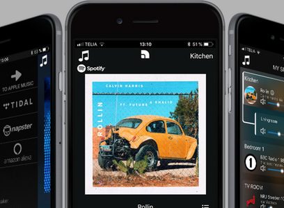 Albumcoveret "Rollin" af Calvin Harris ft. Future & Khalid vist på en smartphones skærm mellem to andre enheder