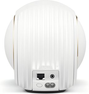 DEVIALET Phantom Ultimate 98 dB Opéra de Paris -kaiutin, valkoinen muovi, takaa nähtynä, RJ45, 3,5 mm -liitäntä ja virtaliitäntä