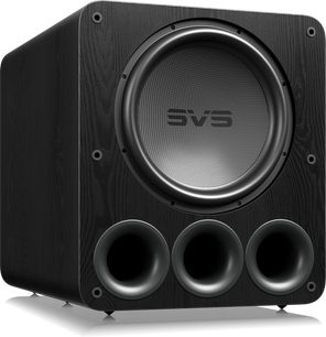 Caja de graves SVS PB-5000 R|Evolution frontal negro texturizado con altavoz circular y 3 puertos redondos