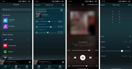 Skärmdump av 4 användargränssnitt för en musikapplikation på en smartphone, som visar bibliotek, enhetslista, musikuppspelning och alarminställningar