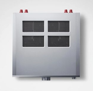 Technics SU-R1000E-S sølvfarget hi-fi stereoanlegg, frontvisning, 4 svarte ventilasjonsrister, 4 røde føtter, grå kabinett