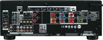 Onkyo TX-NR626 sort hjemmebiografsforstærker, bagside, analog og digital lyd/video-tilslutning, antenner og netværksporte