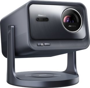 Hisense C2 Pro projector, three-quarter view, rectangular gray casing, circular lens, curved stand