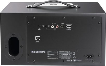 ADDON C10 sort højttaler, bagside, lyd- og netværksforbindelser, Ethernet-port, aux-indgang