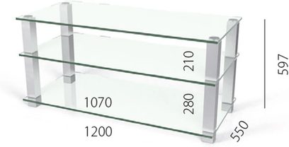 Gennemsigtig 3-niveaus glasmøbel til TV med dimensioner i millimeter: længde 1200, dybde 550, højde 210 og 280
