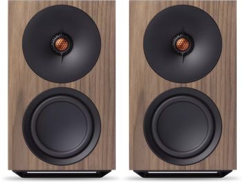 Bezdrátové reproduktory Cambridge Audio L/R M ořech, kompaktní pár v dřevěném dekoru ořech, černé kulaté měniče pohled zepředu