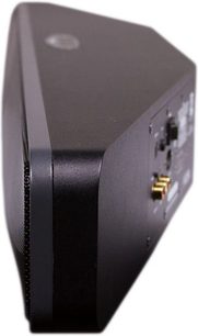 Side view of the Q acoustics Media 4 black soundbar, golden connector, metal grille, rounded trapezoidal shape