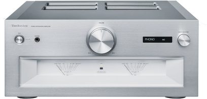 Technics SU-R1000E-S sølvfarget hi-fi stereoanlegg, frontvisning, frontpanel med knapper, kontrollbrytere, display og hodetelefonutgang