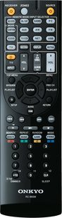 Czarny pilot Onkyo RC-865M z szarymi i żółtymi przyciskami, widok z przodu
