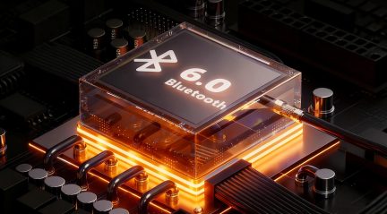Gennemsigtig Bluetooth 6.0-chip oplyst i orange på sort elektronikkort