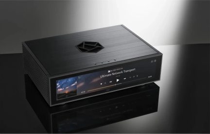 HiFi Rose RS130 black network transport with large front screen in three-quarter view