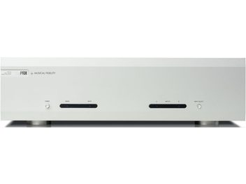 Musical Fidelity M6s PRX ezüst színű, nagy teljesítményű, hűséges hangzású erősítő, téglalap alakú homlokpannéllel és kör alakú gombokkal