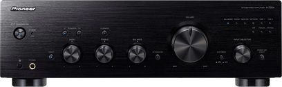 Amplificatore hi-fi stereo Pioneer A-70DA nero, vista frontale, pannello frontale nero con pulsanti e manopole di regolazione argentate