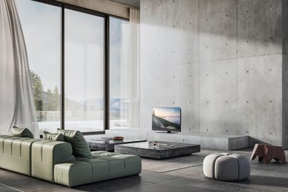Panasonic TV-42Z90BE6 high-definition television, black, flat glass screen with a slim matte black plastic frame, set on a central rectangular stand, front view in a minimalist living room