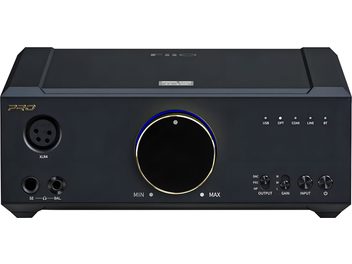 Preamplificatore cuffie hi-fi FiiO K9 Pro ESS in alluminio nero, vista frontale, ampia manopola del volume centrale con bordo dorato e LED blu, porte cuffie XLR4 e jack da 6,35 mm a sinistra, indicatori d’ingresso USB OPT COAX LINE BT e pulsanti di selezione a destra