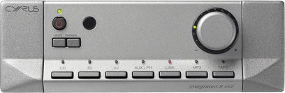 Integreret Cyrus 8 VS2 stereo hi-fi-forstærker, frontpanel i gråmetallic med knapper, stik og volumenkontrol