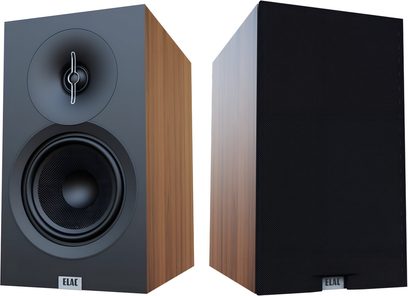 Elac Debut 3.0 DB53 bookshelf speaker pair, walnut cabinet, black front, one with fabric grille, three-quarter view