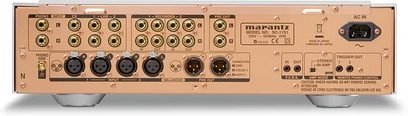 Marantz SC-11S1 stereo-forstærker, bagside, audio- og strømstik, rosa guldfarvet finish