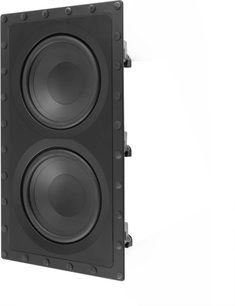 Wbudowany subwoofer DCS-208IW3 z 2 okrągłymi czarnymi głośnikami, prostokątną ramą, widok pod kątem bocznym