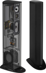 GoldenEar Triton Three+ sort gulvhøjttaler, set forfra og fra siden, med synlige højttalere og fod