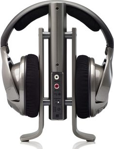 Öppen hi-fi-hörlurar Sennheiser RS-180 i grå metall, sedd framifrån, med svarta öronkuddar och kontroller på högra öronmusslan