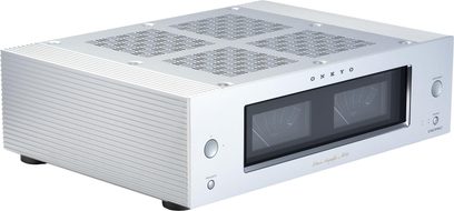 Amplificatore Onkyo ICON M-80 in alluminio argentato, vista a tre quarti, pannello frontale con due VU meter, feritoie superiori