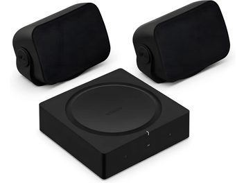 Melns Sonos audio komplekts ar kvadrātveida pastiprinātāju un diviem kompaktiem skaļruņiem ar priekšējo režģi, skatā no trīs ceturtdaļām