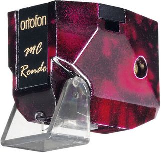 Ortofon MC Rondo vinylpickup, rød og sort boks, synlig gennemsigtig pickup, skinnende cantilever