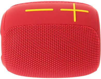 Bluetooth-højttaler Yourban Getone 25 rød, set forfra, vævet gitter, gule volumeknapper i kryds på toppen