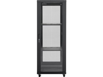 Must Norstone Pro Rack 32U audiovisuaalne kapp, perforeritud esipaneeliga uks, lukustatav võti, rattad ja nähtavad sisemised riiulid