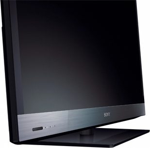 Sony KDL-40EX521 sort fladskærms-TV, frontvisning, slukket, på sølvfarvet metalstativ