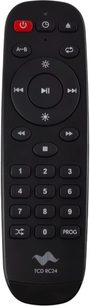 Lettore CD hi-fi Taga Harmony TCD-70T argento, telecomando nero visto frontalmente, pulsanti circolari e rettangolari