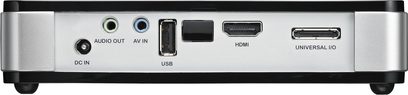 Vivitek Qumi Q5 sort LED-lommeprojektor, bagside, lyd/video-tilslutninger: DC IN, USB, HDMI, AV IN, AUDIO OUT