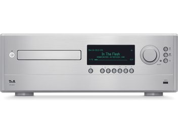 Lecteur CD T+A MP 2500 R argenté, vu de face, avec tiroir à disque, écran noir et grande molette à droite
