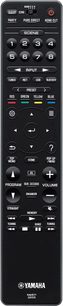 Sort Yamaha RX-A3080 fjernbetjening med røde, blå, grønne og hvide knapper, numerisk tastatur og navigationsdrejeknap