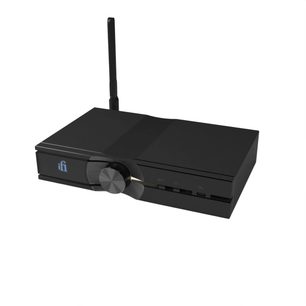 iFi Audio Neo Stream 3 sort netværkslydafspiller med stor centreret knap og bageste Wi-Fi‑antenne