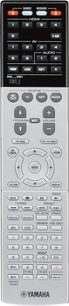 Yamaha RX-V673 sort fjernbetjening med multimediefunktioner, navigationsknapper og numerisk tastatur, set forfra