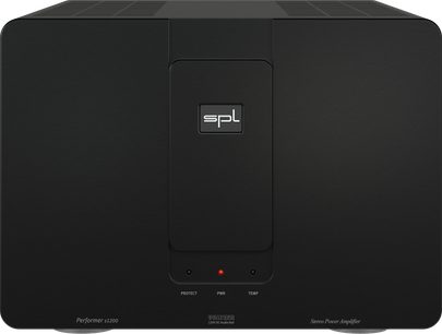 High-fidelity power amplifier SPL Performer S1200 black with rectangular front panel, centered logo, and three indicators at the bottom