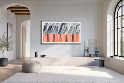 Samsung The Frame TQ43LS03HE vægmonteret TV, tynd ramme med billedeffekt, visning af et abstrakt værk i grå og koral