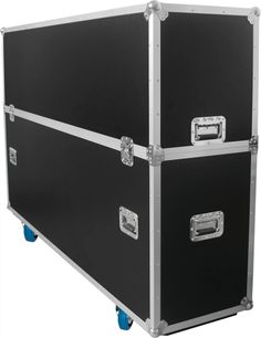 Power Acoustics Flight 4 écrans 65/85 ekranlar için taşıma kasası, gümüş renkli takviyeler ve mavi tekerleklerle siyah