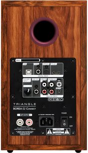 Triangle Borea 02 Connect-luidspreker bordeaux, bruine houten behuizing, achteraanzicht, USB-, optische, HDMI ARC- en RCA-poorten