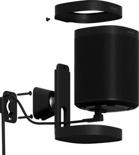 Sort vægbeslag til Sonos-højttalere, bestående af tre cylindriske dele og et rektangulært monteringsbeslag