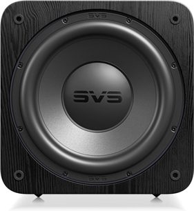 SVS SB‑3000 R|Evolution ‑bassokaiutin mustana, etunäkymä, musta puuviilukotelo ja suuri pyöreä kaiutinelementti